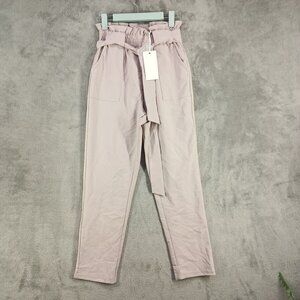 NWT GRACE KARIN Paper Bag Skinny Pants XS(0-2) Taupe Office Stretchy Tie Waist